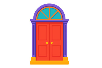 Colorful front door vector illustration. Bright, vibrant double doors with arched window. Flat design architectural element for house entrance, isolated on transparent background.