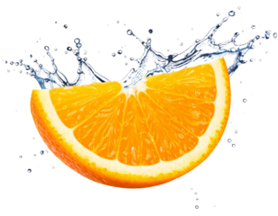 Angled Orange Wedge with Splashing Water Drops, isolated on white background PNG