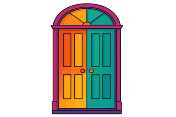 Two colorful doors metaphor for choice, decision, and opportunity. Choose your path concept. Orange vs teal entrance. Welcome to the future. Vector flat illustration.
