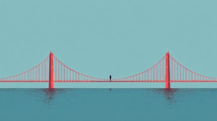 Naklejka premium Traveler Crosses Minimalist Bridge From Doubt to Wisdom With Empty Sky Above, Capturing a Moment of Contemplation and Transition in a Serene Landscape