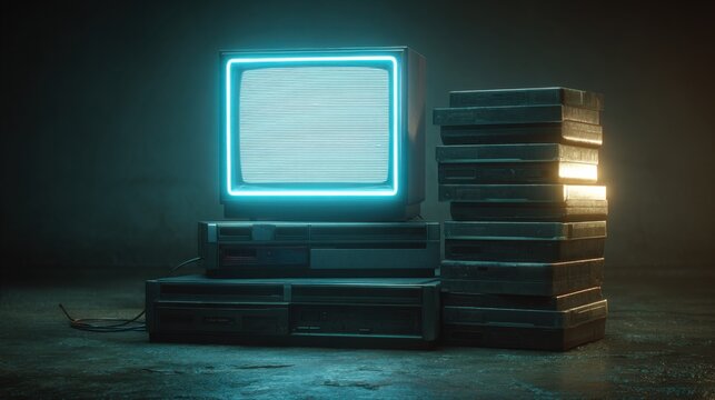 Retro CRT monitor and VHS tapes glowing in blue neon light in dark room perfect for vintage tech visuals, nostalgic 80s themes and moody digital art compositions