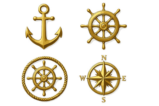 Golden nautical emblem set. 3D vector icons of anchor, ship wheel, compass rose, and rope. Marine and sea symbols for boat logo, travel, and adventure concepts.