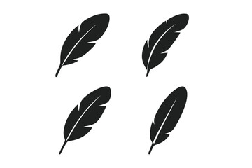 Set of four black feather icons. Simple flat vector silhouette illustration. Symbol of lightness, softness, and writing. Quill pen graphic element for design. Isolated.