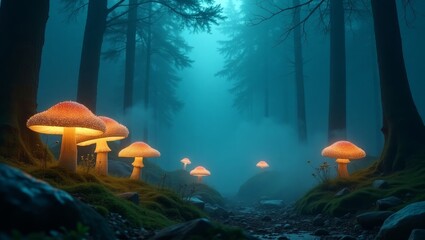 Fantasy Forest Scene with Glowing Mushrooms and Magical Atmosphere