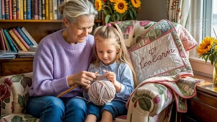 A grandmother shares a quiet moment teaching her granddaughter how to knit on a cozy armchair, surrounded by books and sunflowers - Powered by Adobe