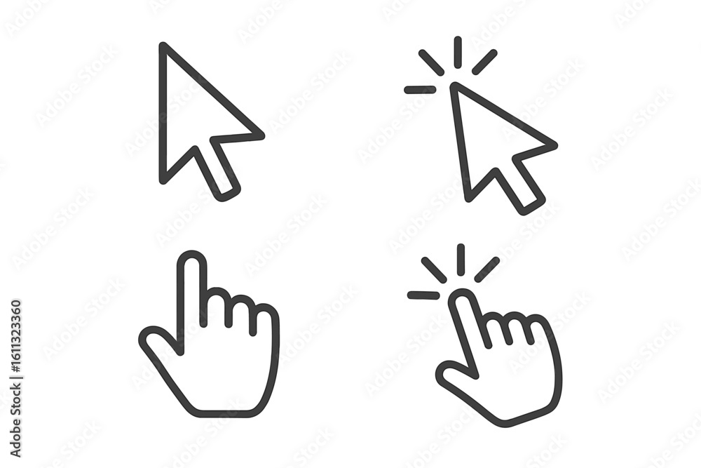Fototapete cursor icon set with arrow and hand pointers. click and press action symbols for web design. ui and 