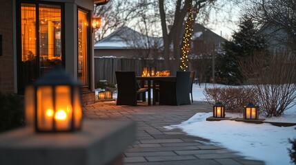 Inviting winter patio scene with warm lantern light and snow-dusted surroundings