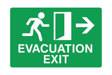Evacuation exit sign icon set. Green emergency fire exit symbol with running man and arrow. Safety warning sign for escape route direction to a safe area. Vector illustration.