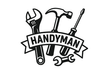 Handyman service logo with tools. Monochrome vector icon for repair and maintenance. Craftsman emblem with hammer, wrench, screwdriver. Construction or workshop badge design.