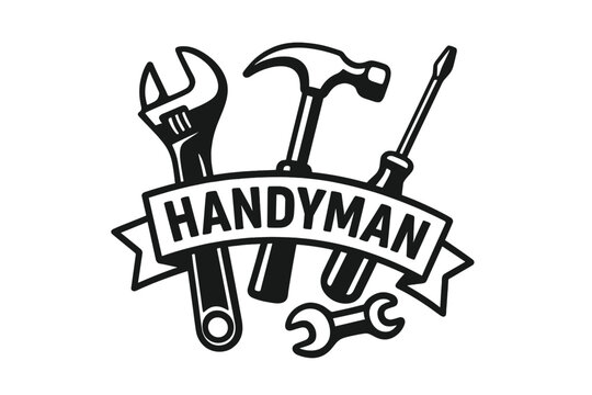Handyman service logo with tools. Monochrome vector icon for repair and maintenance. Craftsman emblem with hammer, wrench, screwdriver. Construction or workshop badge design.