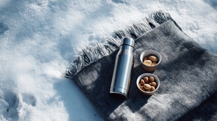 Stainless steel thermos with paper cups filled with nuts on a cozy woolen blanket placed on snow — ideal for winter picnic visuals, Christmas holiday designs and seasonal outdoor ads