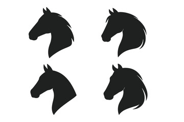 Horse head silhouette vector collection. Equine logo icon set for equestrian sport or farm concepts. Black stallion graphic element. Isolated animal profile illustration.