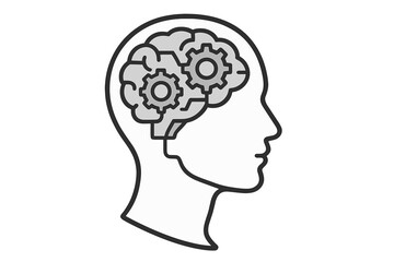Thinking process icon. Human head silhouette with gears in the brain. Metaphor for artificial intelligence, logic, strategy, problem solving and psychology vector icon.