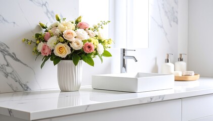 A pristine white bathroom sink with a sleek, modern design, featuring a polished chrome faucet and a subtle marble countertop, surrounded by soft lighting.