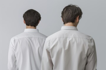 Two businessmen with white shirts are standing back to back against a light gray background