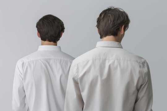 Two businessmen with white shirts are standing back to back against a light gray background