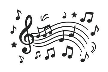 Music notes vector illustration. Hand drawn doodle of musical symbols, treble clef, and staff. Concept for melody, song, audio, sound, concert, or festival background.