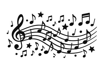 Musical notes vector background design. Wavy abstract staff with treble clef, stars. Melody, song, sound concept for party, concert, festival. Isolated illustration.