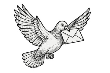 Carrier pigeon with letter. Post pigeon mail delivery service logo. Hand drawn vintage sketch illustration. Flying dove bird with message in beak. Communication symbol.