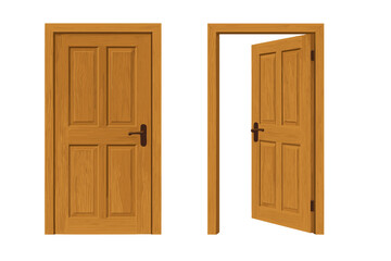 Wooden door open and closed. Realistic vector illustration of oak entrance. Metaphor for opportunity, new beginning, or choice. Home interior element. Isolated set.