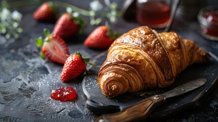 Freshly Baked Croissant with Strawberries and Jam on Dark Surface