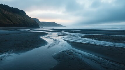Coastal Serenity: Water Flowing on a Misty Beach Landscape at Dusk
