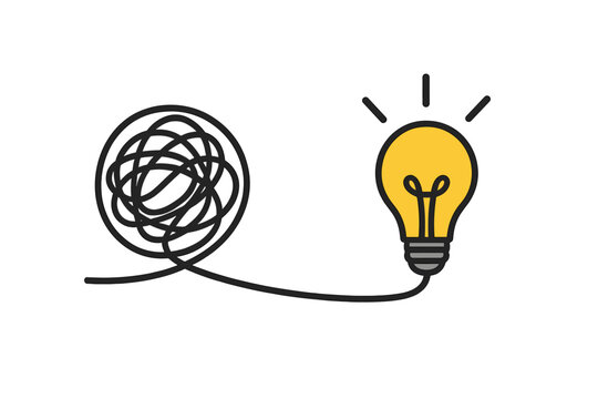 Complex problem solving concept. Untangling chaos to find a clear solution. From tangled thread to a light bulb idea. Innovation, creativity and thinking process vector.
