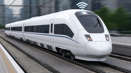 Naklejka premium High-speed train drawing power wirelessly via energy waves urban environment futuristic technology concept