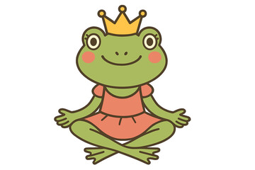 Obraz premium Cute cartoon frog princess in crown and dress meditating. Funny animal character sitting in yoga lotus pose. Kawaii fairytale amphibian illustration for children. Calm, zen concept.
