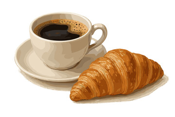 Cup of coffee and croissant isolated on white background. Realistic vector illustration of a classic French breakfast. Hot fresh beverage and baked pastry for a cafe menu.