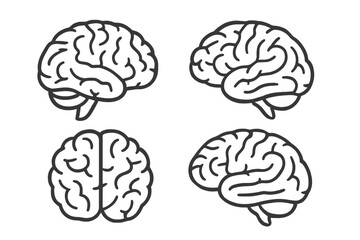 Human brain icon set. Line art vector illustration. Simple outline drawing of mind. Concept for psychology, science, intelligence, memory, knowledge and creativity.