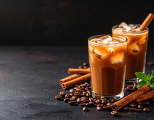 Two glasses of iced coffee with cinnamon sticks coffee beans and fresh mint leaves on dark background for refreshing beverage or cafe concept