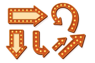Retro lightbox arrows vector set. Vintage marquee signs with light bulbs. Glowing electric pointers for casino, circus, or theater promotion. Directional arrow collection.