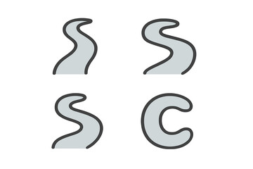 Set of river or road bend icons for creating maps and infographics. Winding path, stream, and waterway shapes. Vector graphic elements isolated on transparent background.