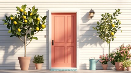 Charming Lemon Tree Entrance with Bright Coral Door and Flowers