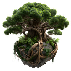 Fantasy Bonsai Tree with Twisted Roots on Floating Rock