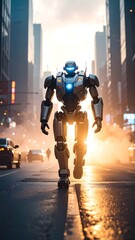 A towering mech strides through the ruins of a broken city, smoke curling around its glowing frame. A titan forged from wires and war, pulsing with cold LEDs — a cinematic echo of lost futures.


