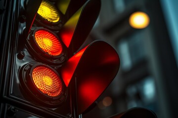 Close up of traffic light displaying red and yellow signals, indicating caution or a potential stop, with an out of focus urban backdrop