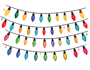 Flat Vector Style Christmas Light Garland in Zigzag Pattern, Transparent Background