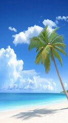 Serene Tropical Beach with Lush Palm Tree and Clear Blue Sky