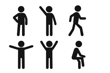 Set of stick figure icons in different poses. Vector pictogram collection of a person standing, walking, sitting, waving and cheering. Simple human silhouette.
