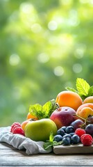 Fresh Assortment of Colorful Fruits with Green Background and Mint