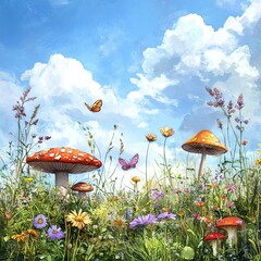 Vibrant Meadow Scene with Mushrooms, Flowers, and Butterflies