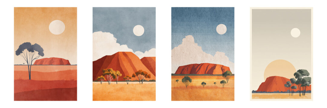 Australian Outback Landscape Poster Set. Nature-Inspired Wall Art Collection Isolated On Transparent Background. Ideal Design for Cover, Brochure, Banner, Social Media, Flyer or Wallpaper
