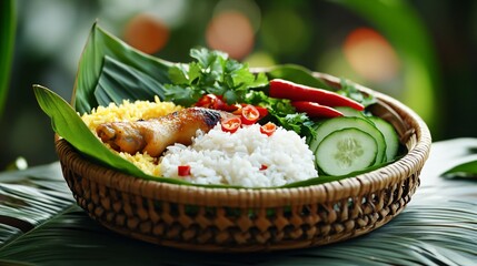 Colorful Plate of Rice, Chicken, Herbs, and Fresh Vegetables