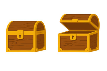 Vector illustration of open and closed wooden treasure chests. Concept for pirate games, adventure, mystery, and rewards. Empty antique box with gold lock isolated set.