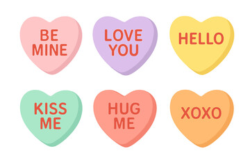 Sweetheart candy set with messages. Conversation hearts for Valentine's Day. Cute vector illustration of sugar sweets isolated on white background. Romantic food concept.
