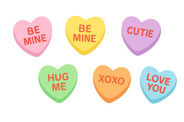 Sweetheart candies isolated on white background. Conversation sweets for valentines day. Valentine sugar food hearts with love messages vector illustration. Cute candy set.