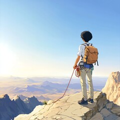 Young Explorer Standing on Mountain Peak Overlooking Vast Landscape