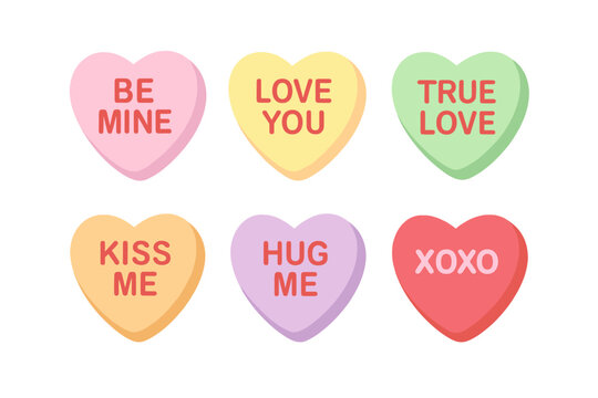 Valentine's Day conversation hearts vector set. Sweet candy with romantic text messages: Be Mine, Love You, True Love, Kiss Me. Sugar food illustration isolated on white.